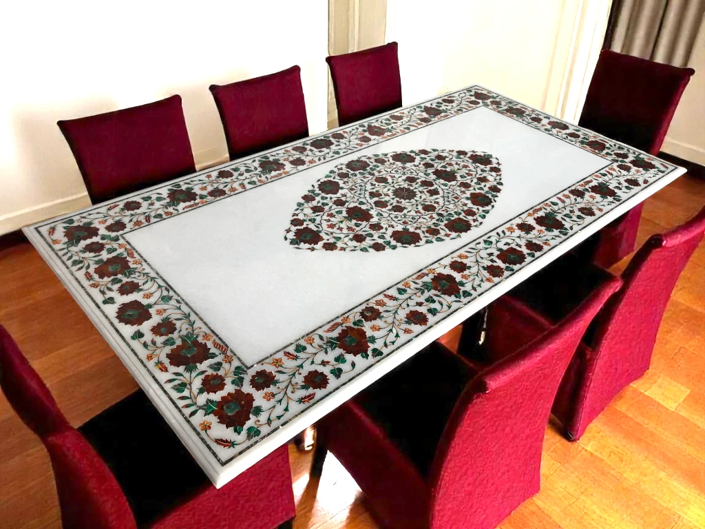 Artisan-crafted Marble Dining Table Natural Beauty of Semi Precious Gemstones